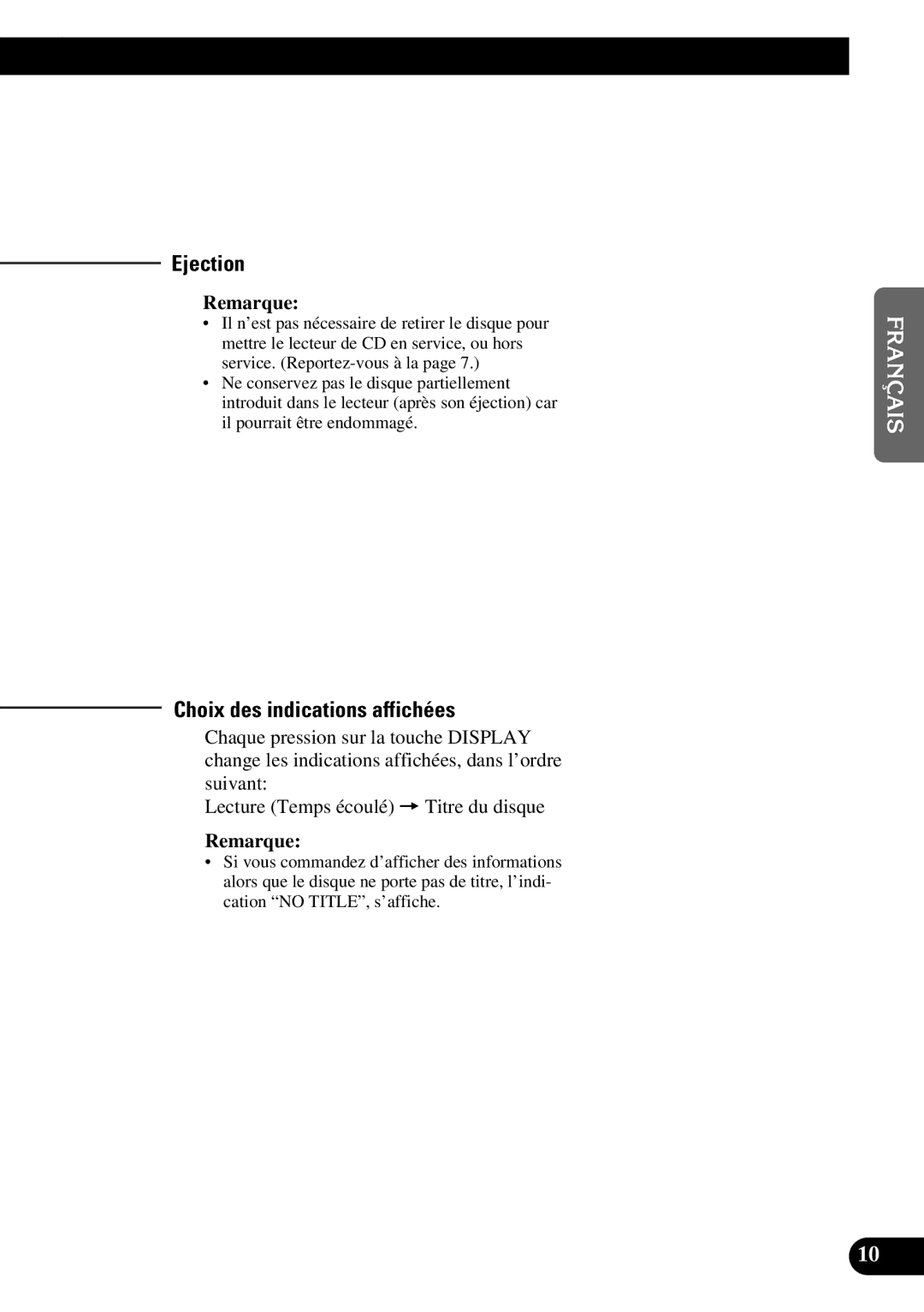 Pioneer DEH-P47DH operation manual Ejection, Choix des indications affichées 