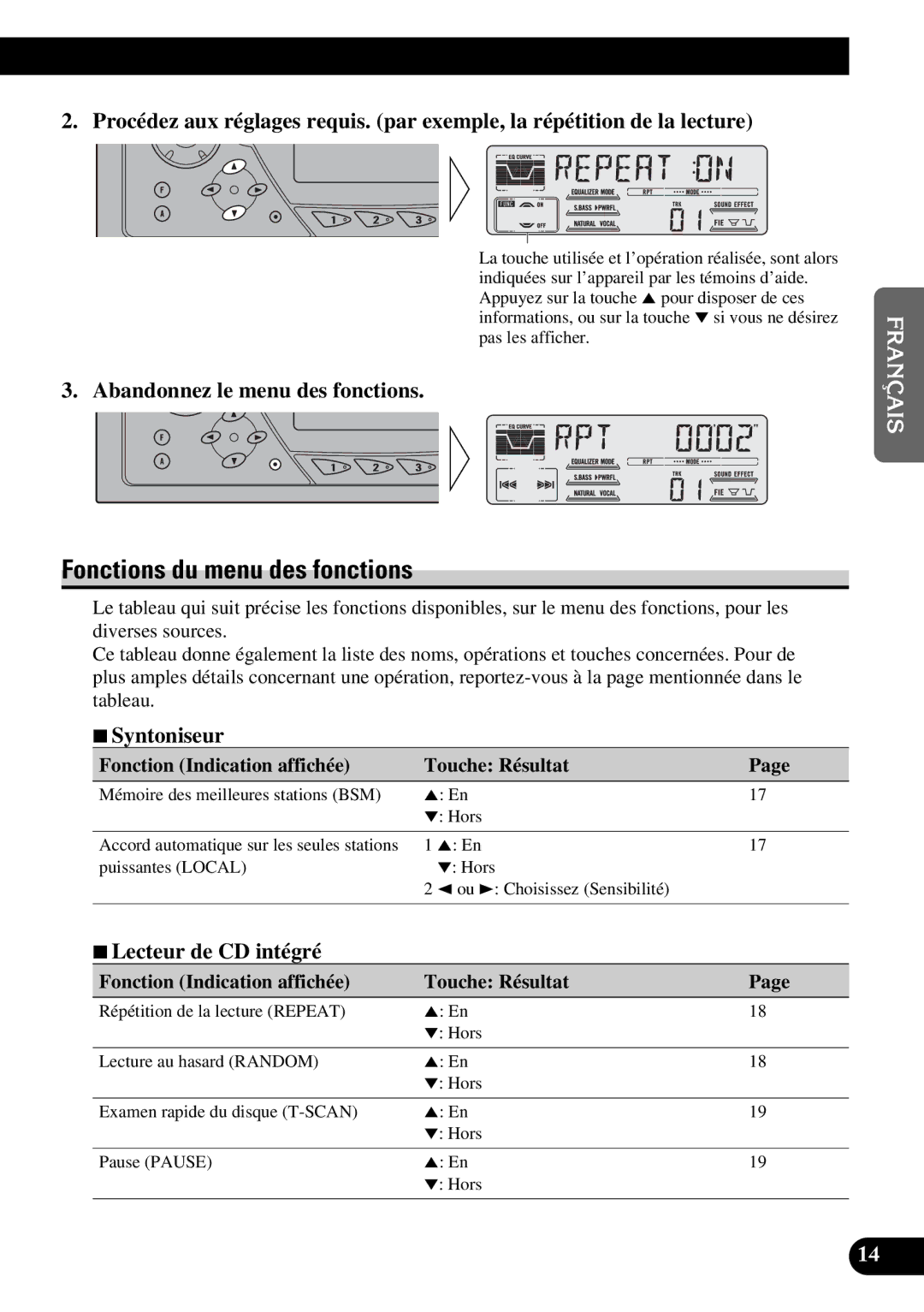 Pioneer DEH-P47DH Fonctions du menu des fonctions, Abandonnez le menu des fonctions, 7Syntoniseur, 7Lecteur de CD intégré 