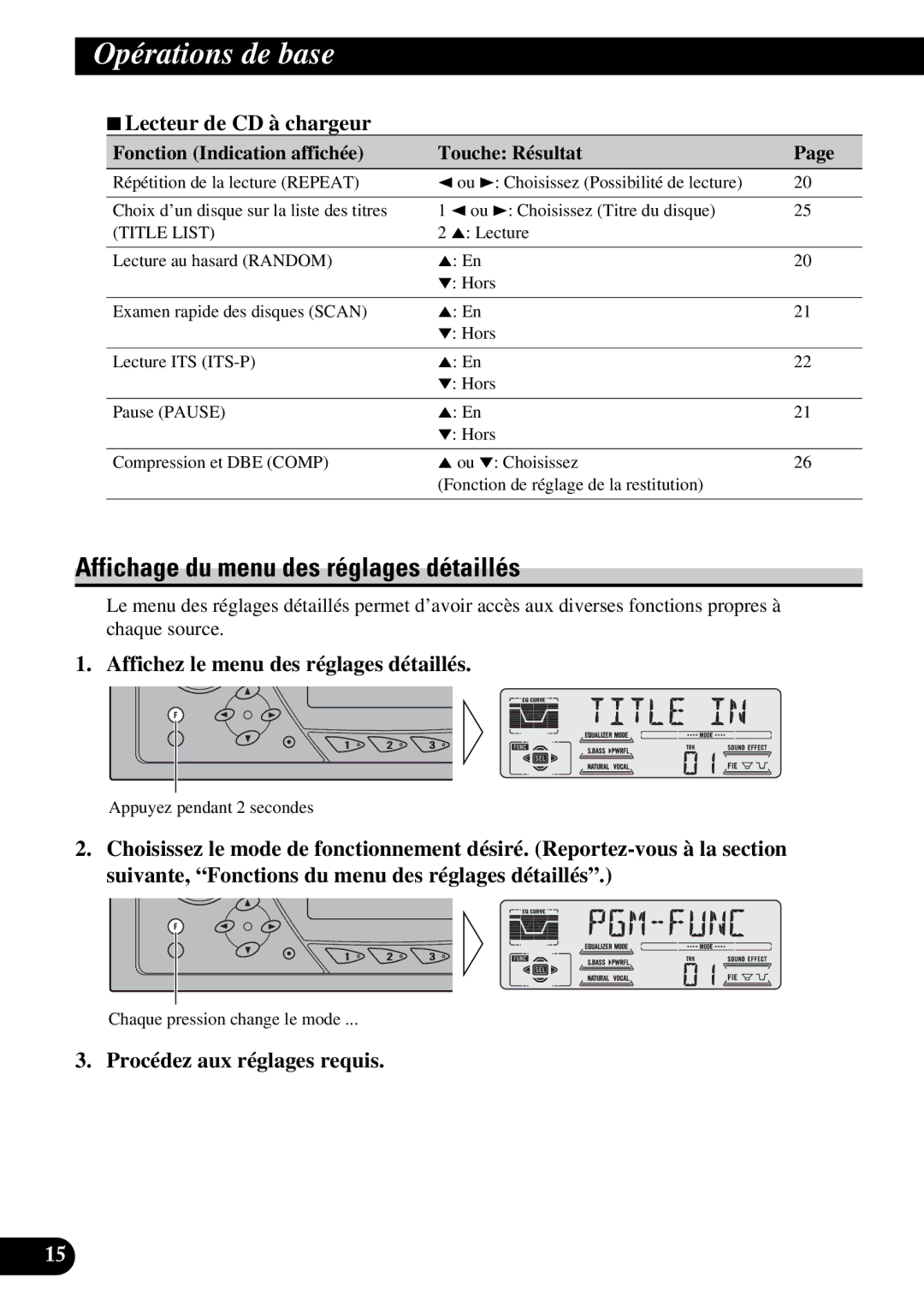 Pioneer DEH-P47DH Affichage du menu des réglages détaillés, 7Lecteur de CD à chargeur, Procédez aux réglages requis 