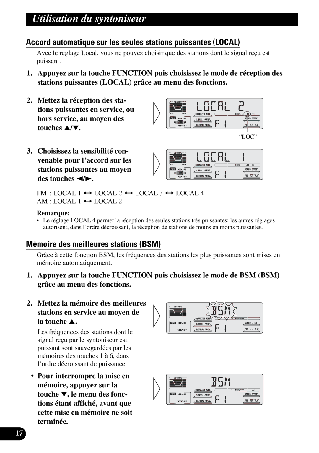 Pioneer DEH-P47DH operation manual Utilisation du syntoniseur, Accord automatique sur les seules stations puissantes Local 