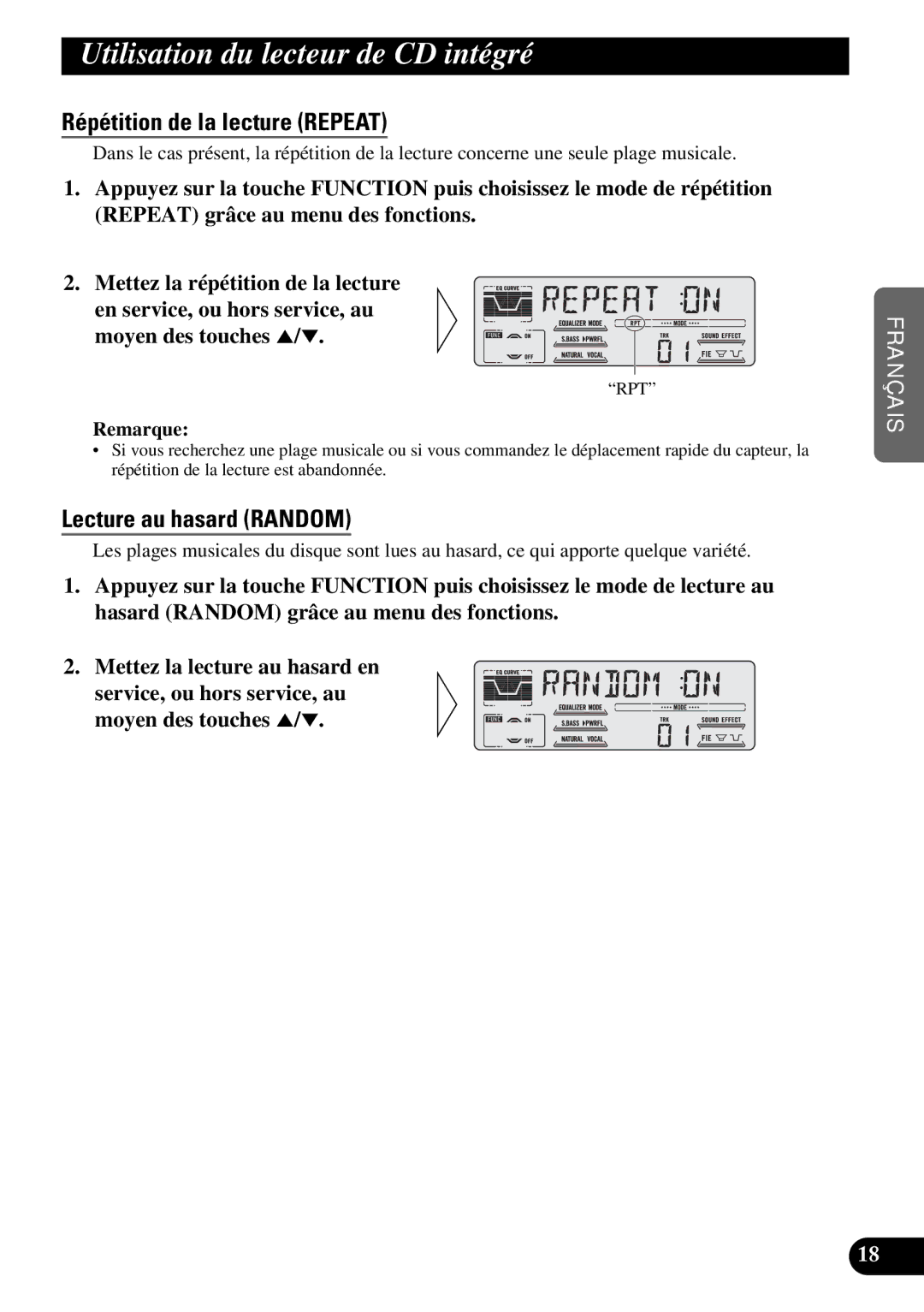 Pioneer DEH-P47DH Utilisation du lecteur de CD intégré, Répétition de la lecture Repeat, Lecture au hasard Random 