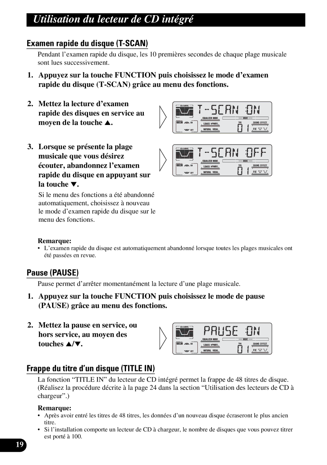 Pioneer DEH-P47DH operation manual Examen rapide du disque T-SCAN, Frappe du titre d’un disque Title 