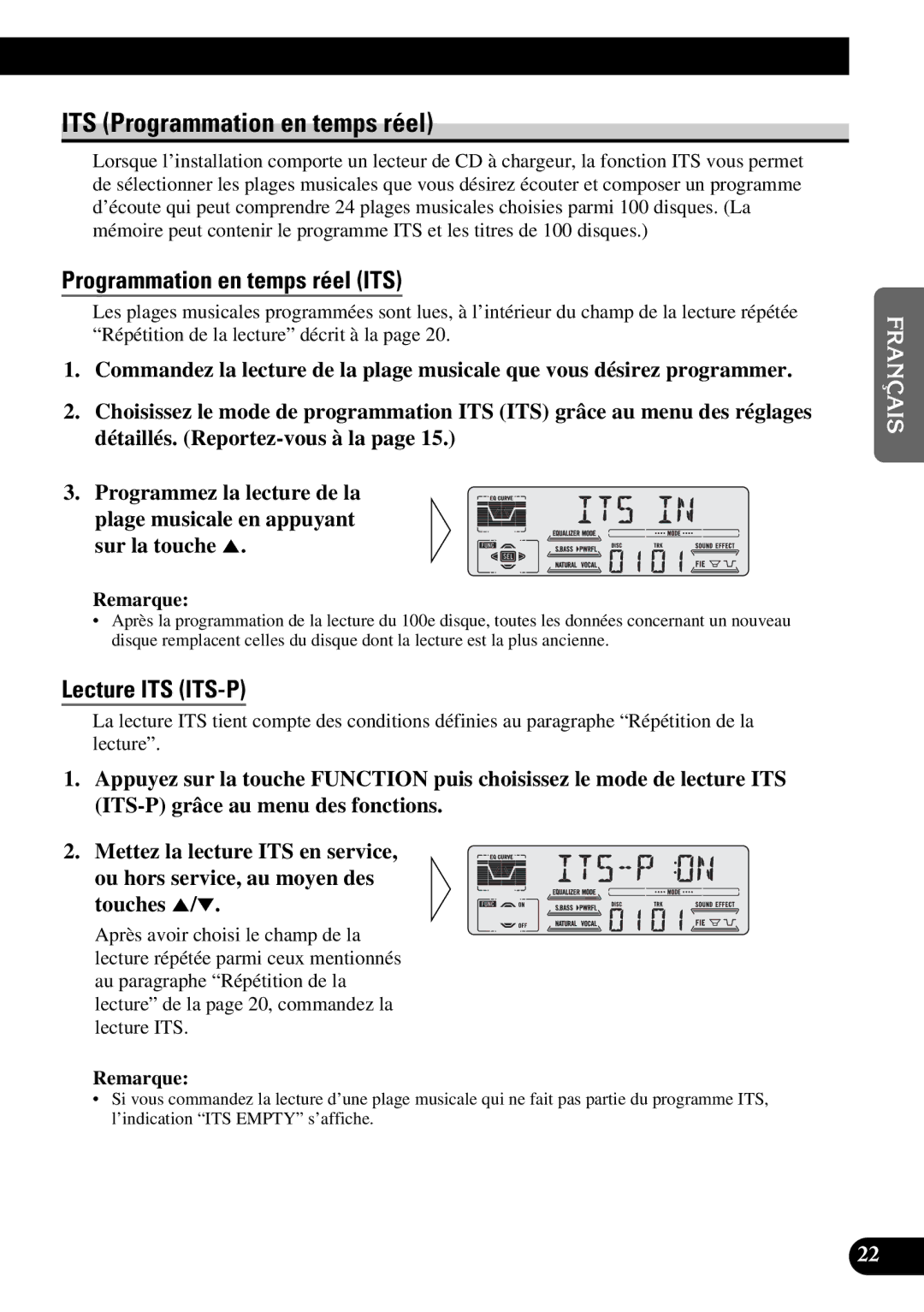 Pioneer DEH-P47DH operation manual ITS Programmation en temps réel, Programmation en temps réel ITS, Lecture ITS ITS-P 