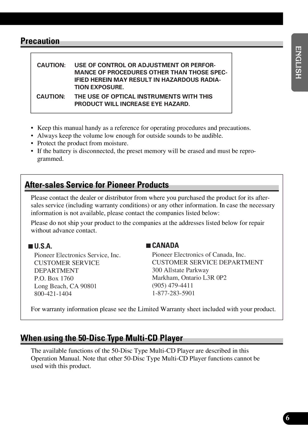 Pioneer DEH-P47DH Precaution, After-sales Service for Pioneer Products, When using the 50-Disc Type Multi-CD Player 