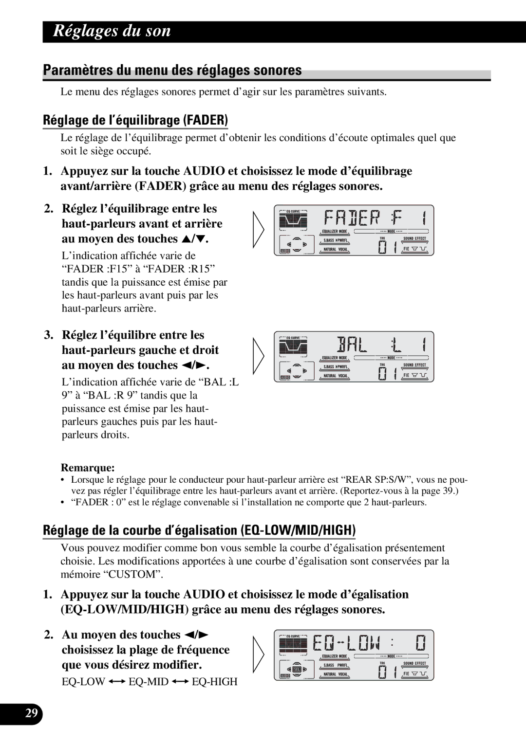 Pioneer DEH-P47DH operation manual Paramètres du menu des réglages sonores, Réglage de l’équilibrage Fader 