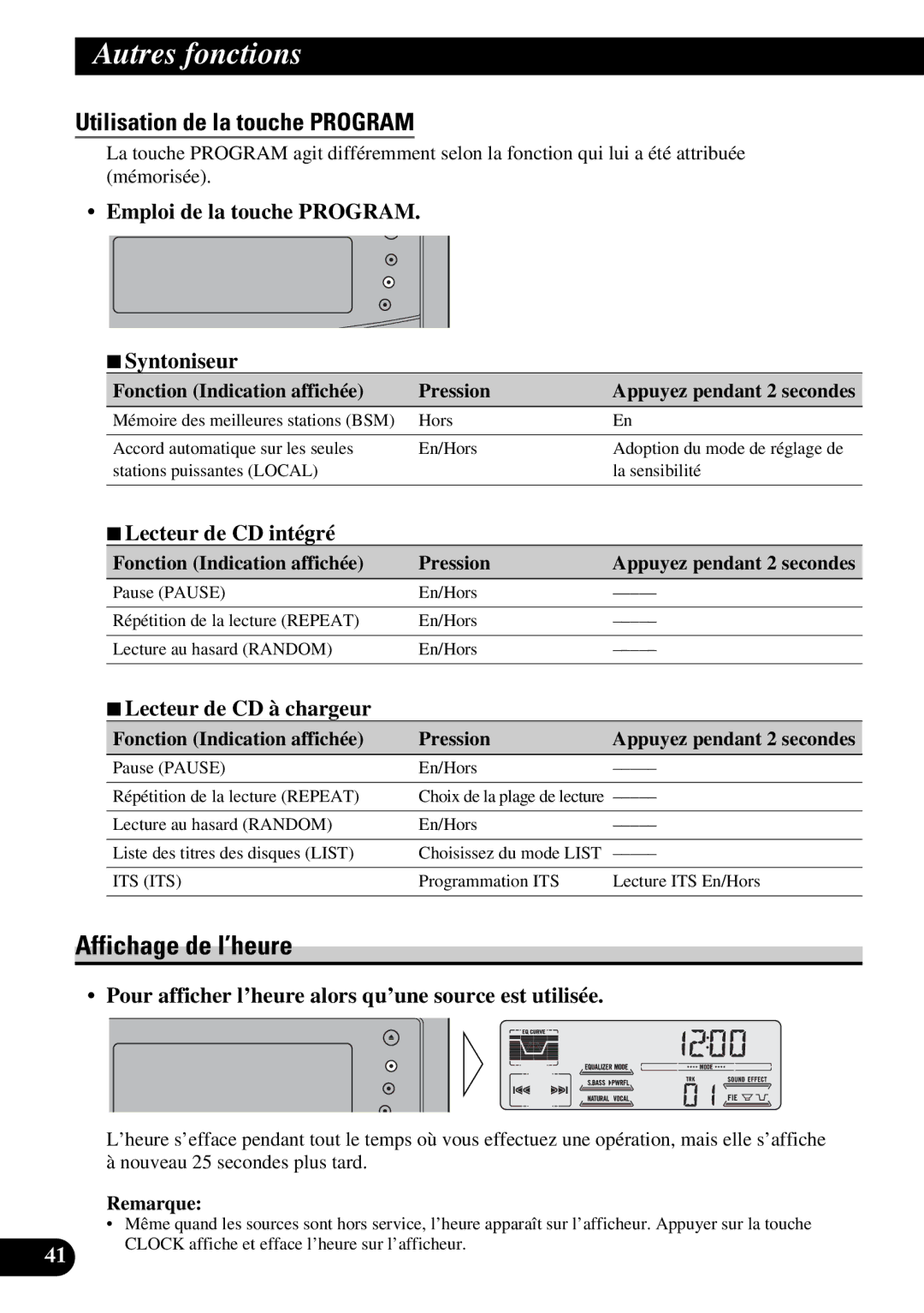 Pioneer DEH-P47DH Affichage de l’heure, Utilisation de la touche Program, Emploi de la touche Program 7Syntoniseur 