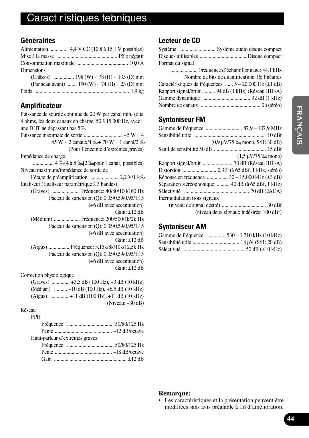 Pioneer DEH-P47DH operation manual Caractéristiques techniques 