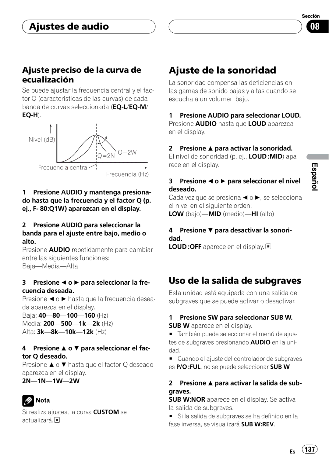 Pioneer DEH-P4800MP operation manual Nivel dB =2N Q=2W Frecuencia central Frecuencia Hz 