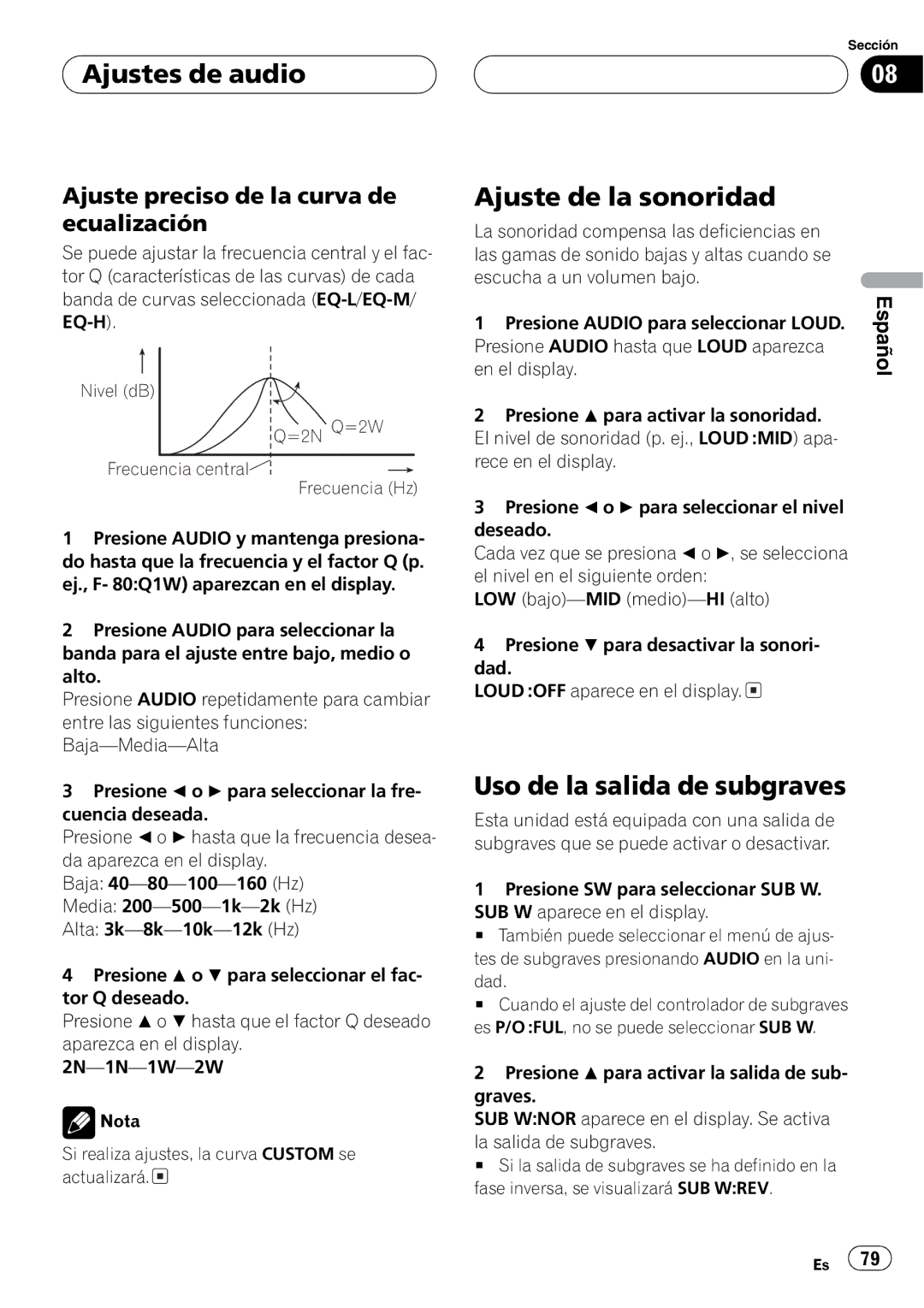 Pioneer DEH-P4850MP operation manual Nivel dB =2N Q=2W Frecuencia central Frecuencia Hz 