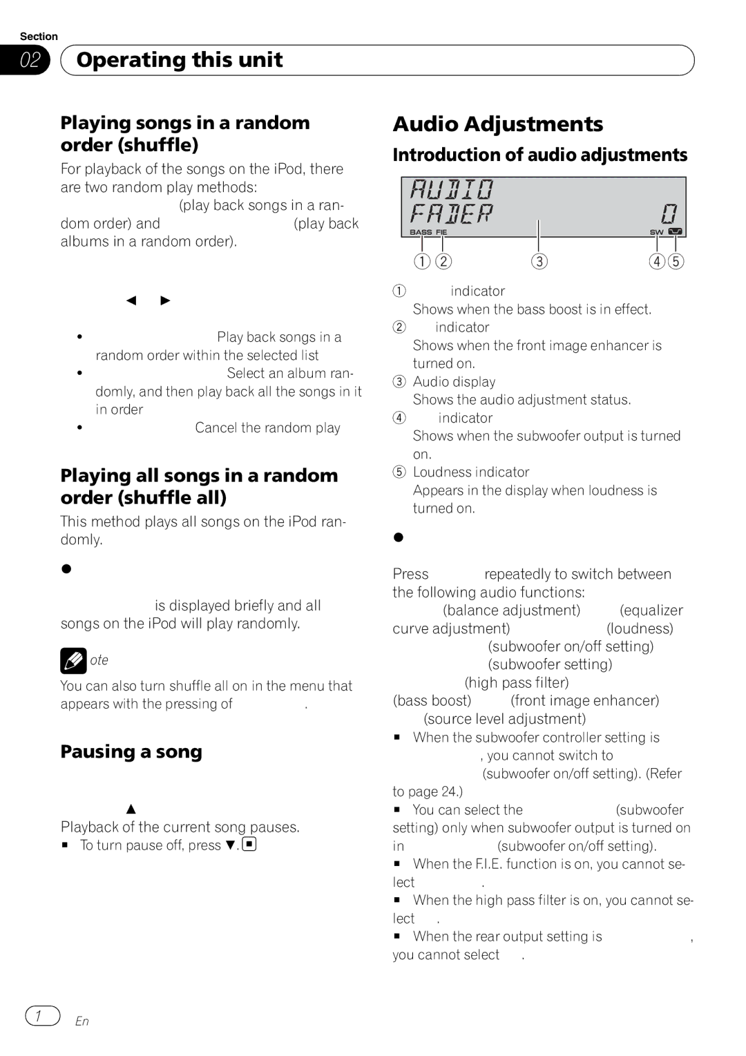 Pioneer DEH-P4900IB Audio Adjustments, Playing songs in a random, Order shuffle Introduction of audio adjustments 