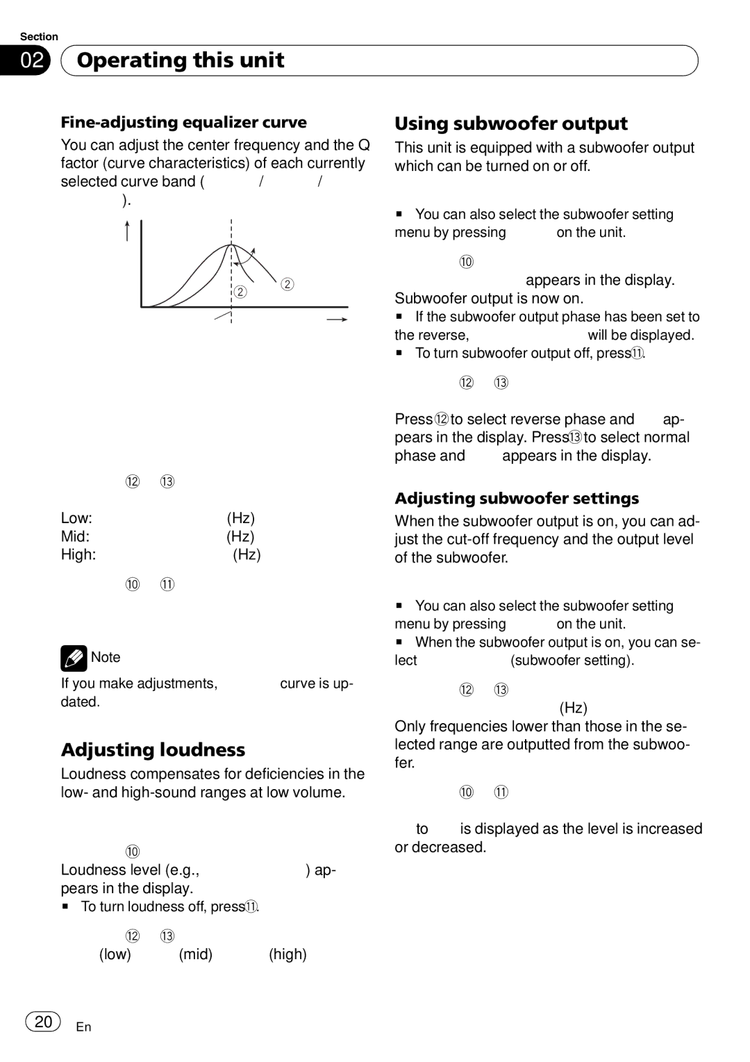 Pioneer DEH-P4900IB operation manual Adjusting loudness, Using subwoofer output, Fine-adjusting equalizer curve 