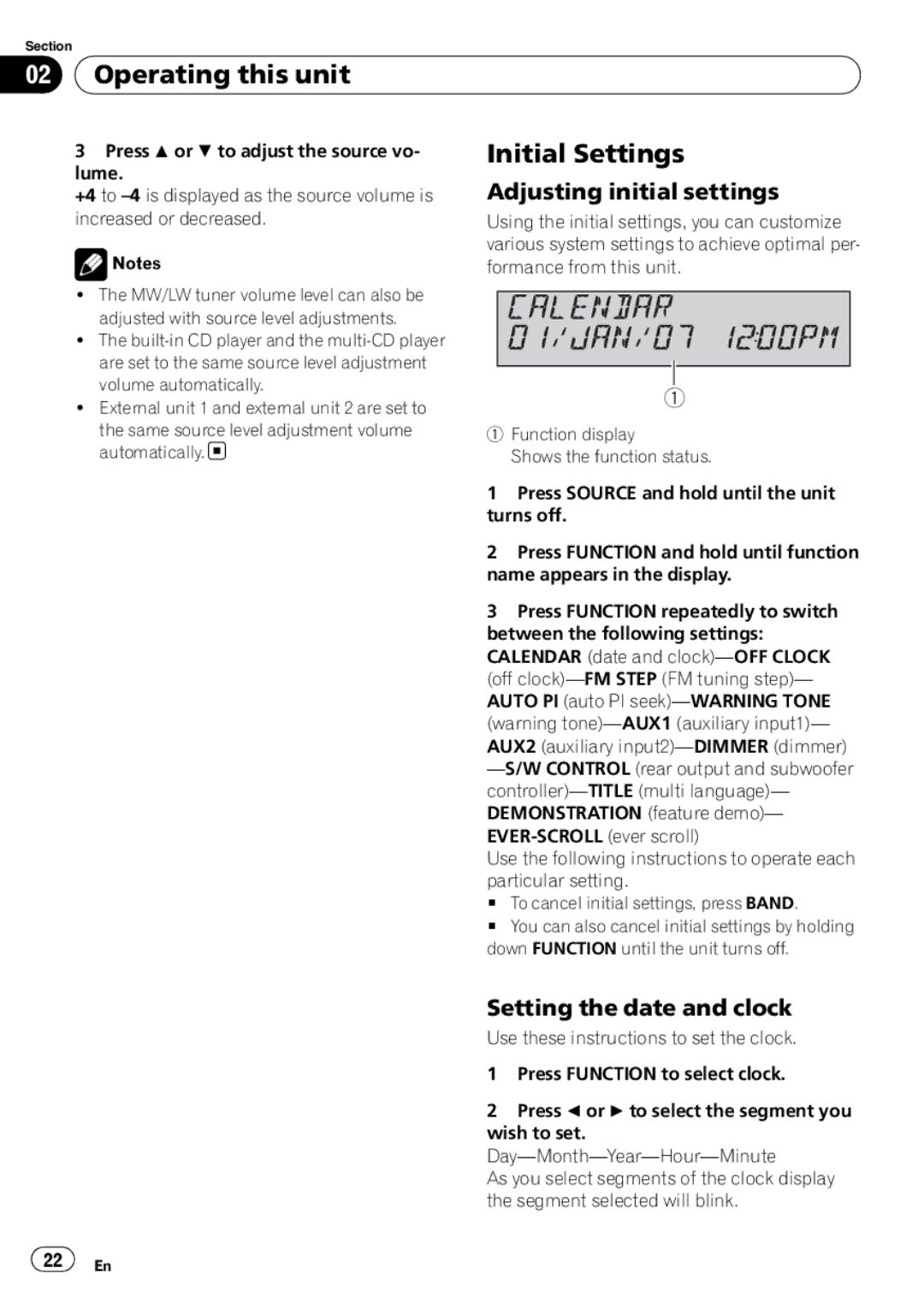 Pioneer DEH-P4900IB operation manual Initial Settings, Adjusting initial settings, Setting the date and clock 