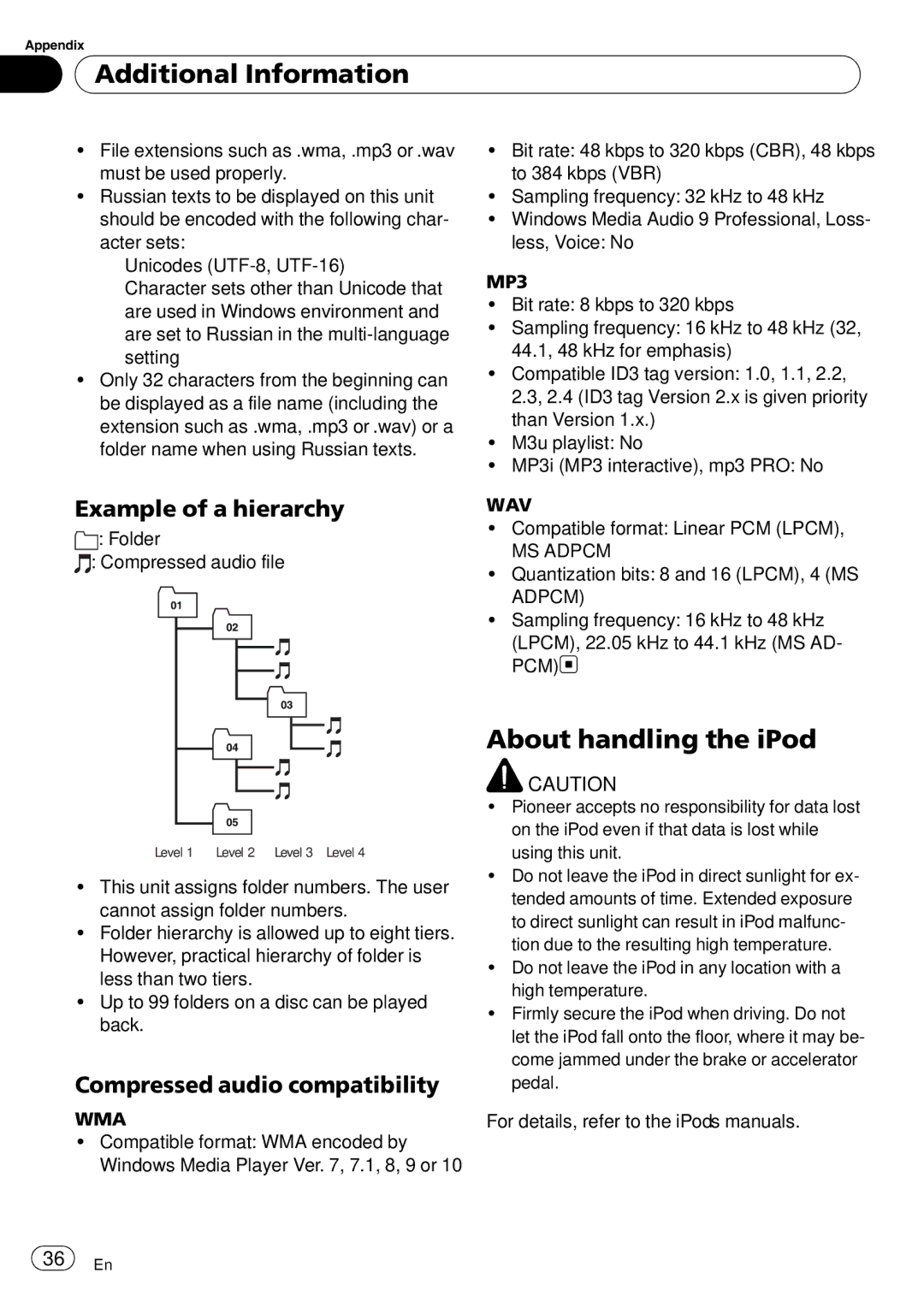 Pioneer DEH-P4900IB operation manual About handling the iPod, Example of a hierarchy, Compressed audio compatibility 