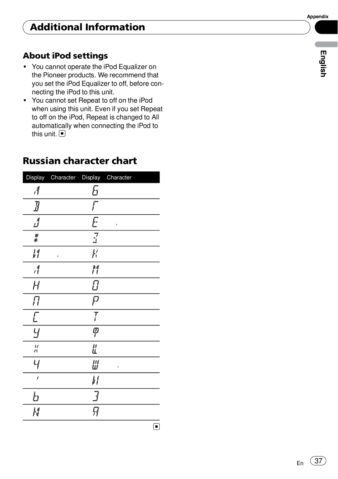 Pioneer DEH-P4900IB operation manual Russian character chart, About iPod settings 