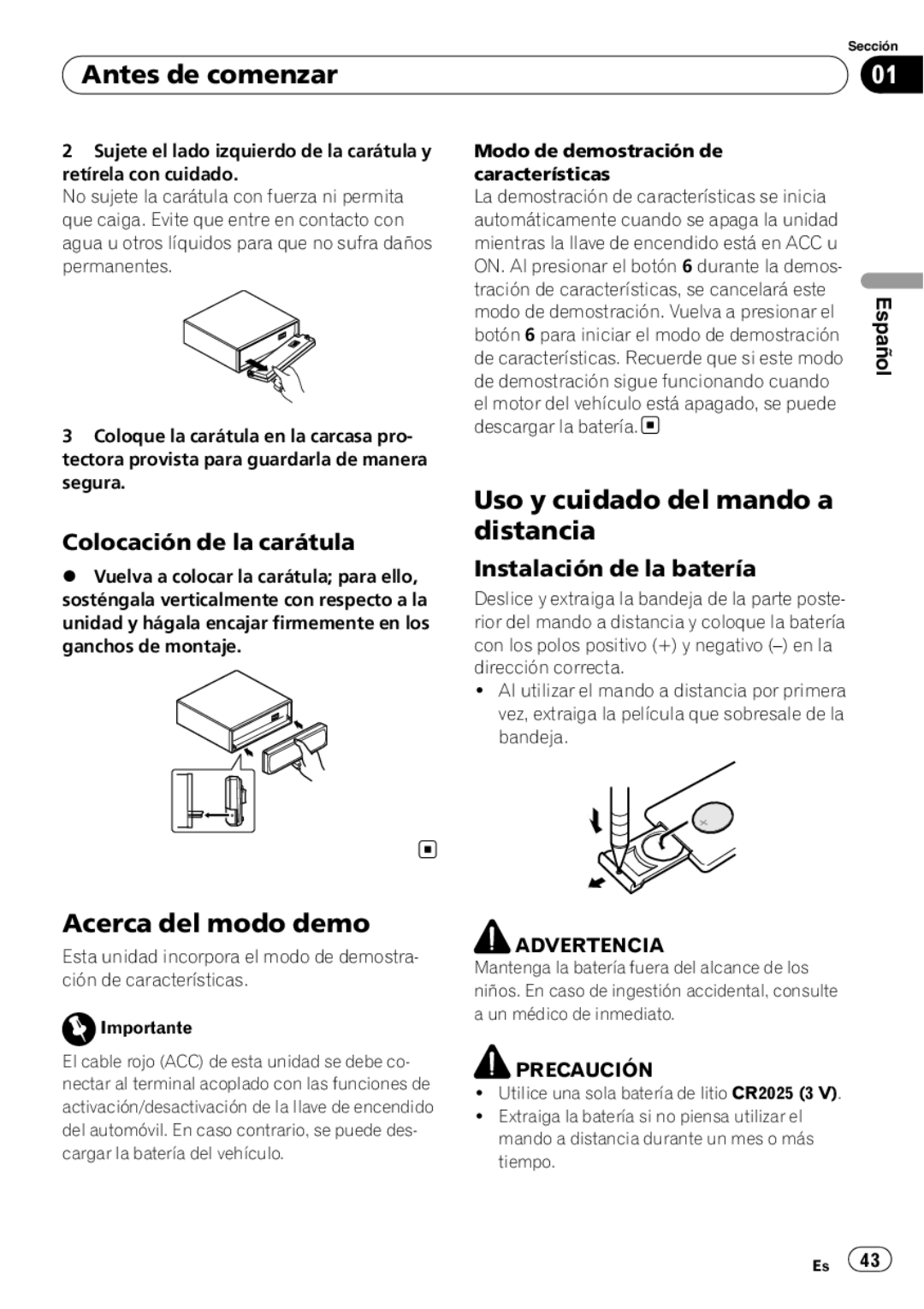 Pioneer DEH-P4900IB operation manual Uso y cuidado del mando a distancia, Acerca del modo demo, Colocación de la carátula 