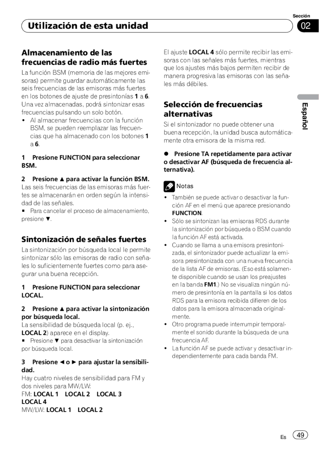 Pioneer DEH-P4900IB Almacenamiento de las frecuencias de radio más fuertes, Sintonización de señales fuertes, Local 