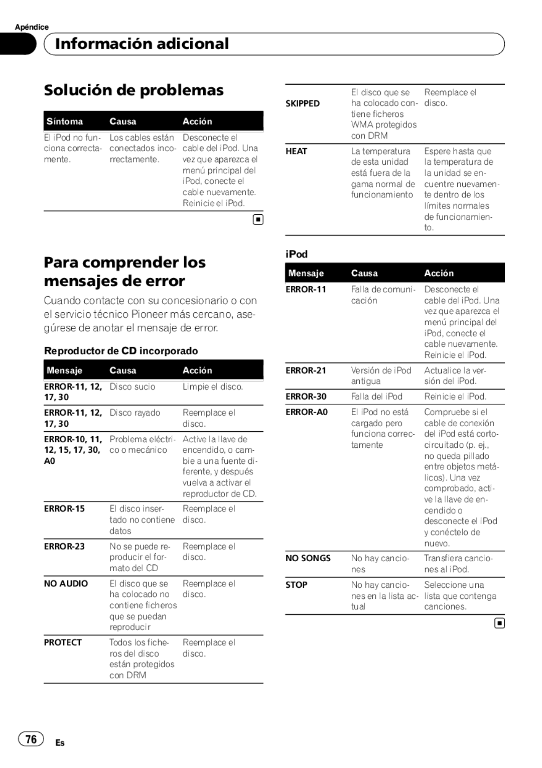 Pioneer DEH-P4900IB operation manual Información adicional Solución de problemas, Para comprender los mensajes de error 