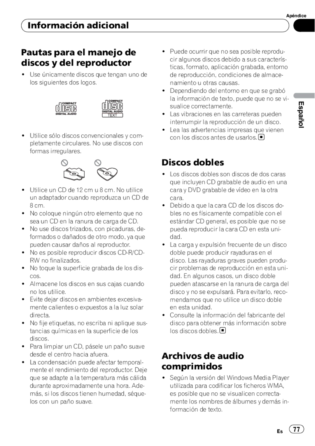 Pioneer DEH-P4900IB operation manual Discos dobles, Archivos de audio comprimidos 