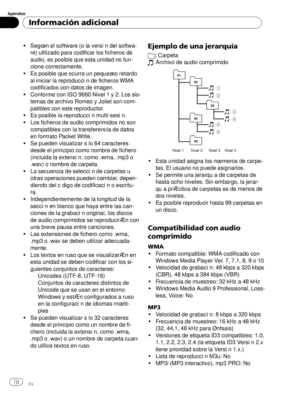 Pioneer DEH-P4900IB operation manual Información adicional, Ejemplo de una jerarquía, Compatibilidad con audio comprimido 