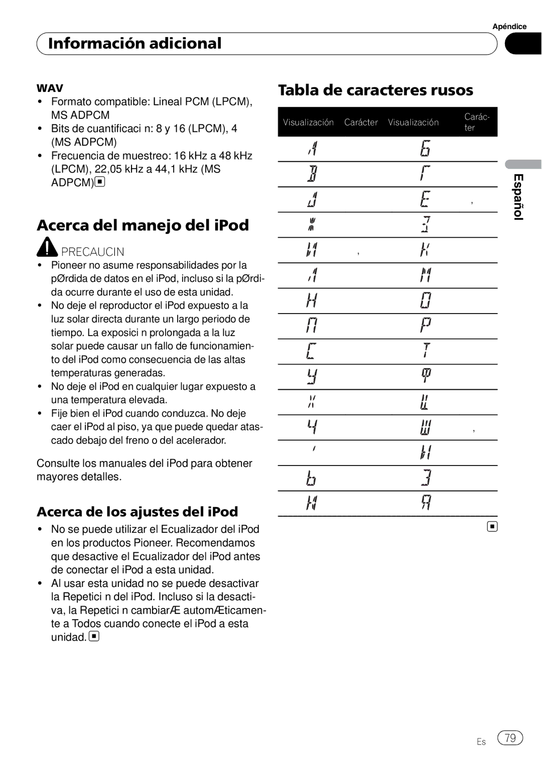 Pioneer DEH-P4900IB operation manual Acerca del manejo del iPod, Tabla de caracteres rusos, Acerca de los ajustes del iPod 