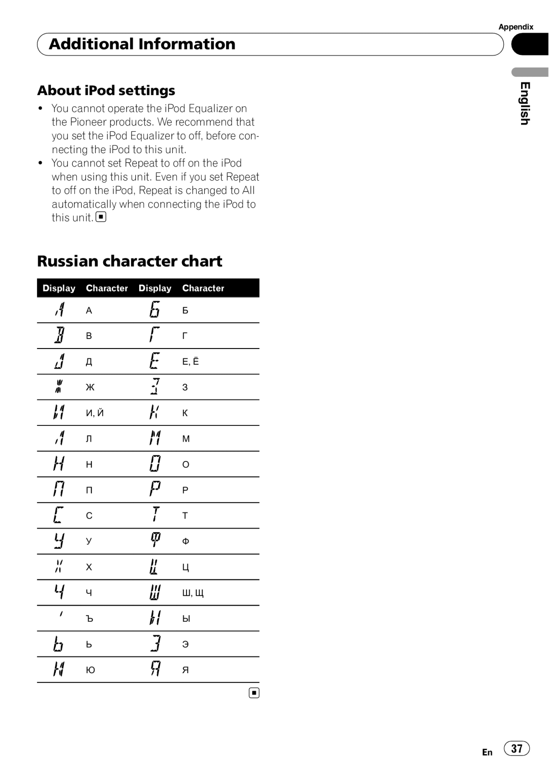 Pioneer DEH-P4900IB operation manual Russian character chart, About iPod settings, Additional Information, English 