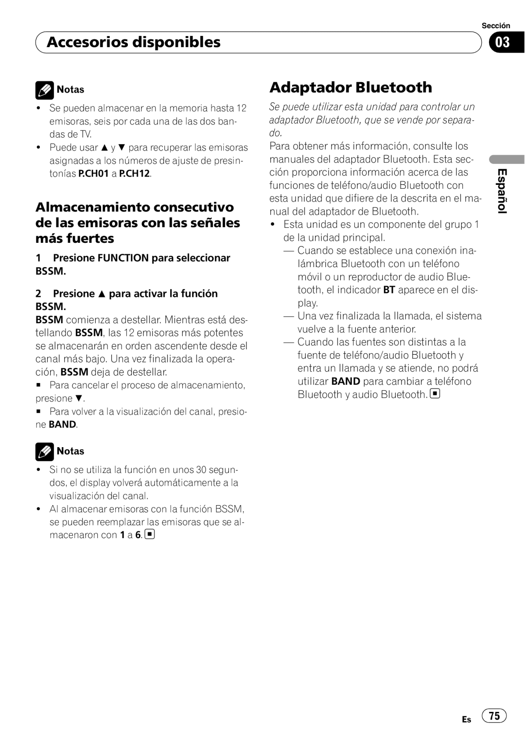 Pioneer DEH-P4900IB operation manual Adaptador Bluetooth, Accesorios disponibles, Español 