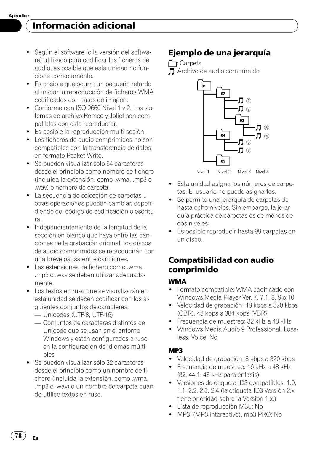 Pioneer DEH-P4900IB operation manual Ejemplo de una jerarquía, Compatibilidad con audio comprimido, Información adicional 