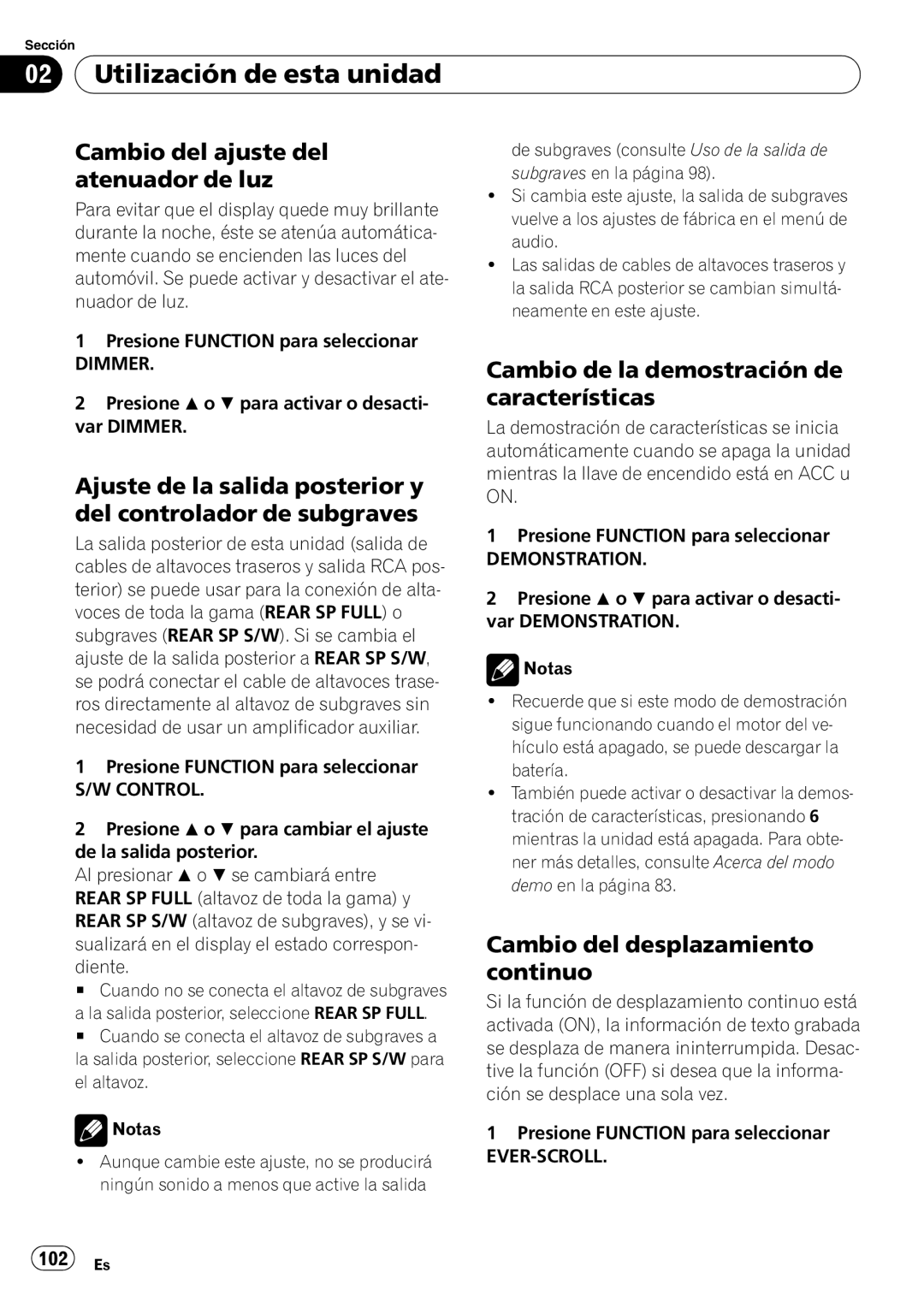 Pioneer DEH-P490IB Cambio del ajuste del atenuador de luz, Cambio de la demostración de características, 102 Es 