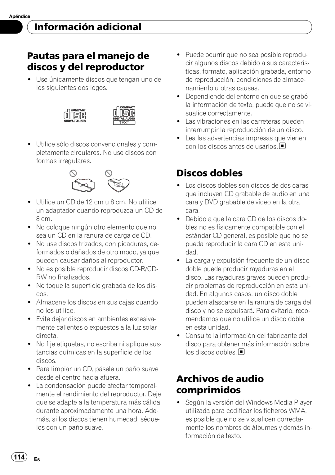 Pioneer DEH-P490IB operation manual Discos dobles, Archivos de audio comprimidos, 114 Es 