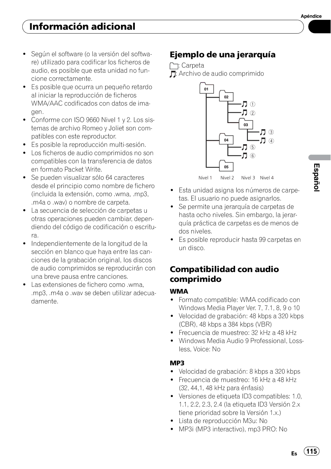 Pioneer DEH-P490IB operation manual Información adicional, Ejemplo de una jerarquía, Compatibilidad con audio comprimido 