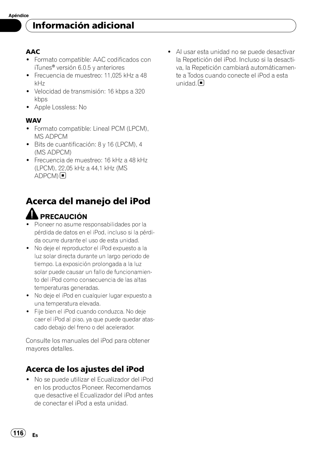 Pioneer DEH-P490IB Acerca del manejo del iPod, Acerca de los ajustes del iPod, 116 Es, Formato compatible Lineal PCM Lpcm 