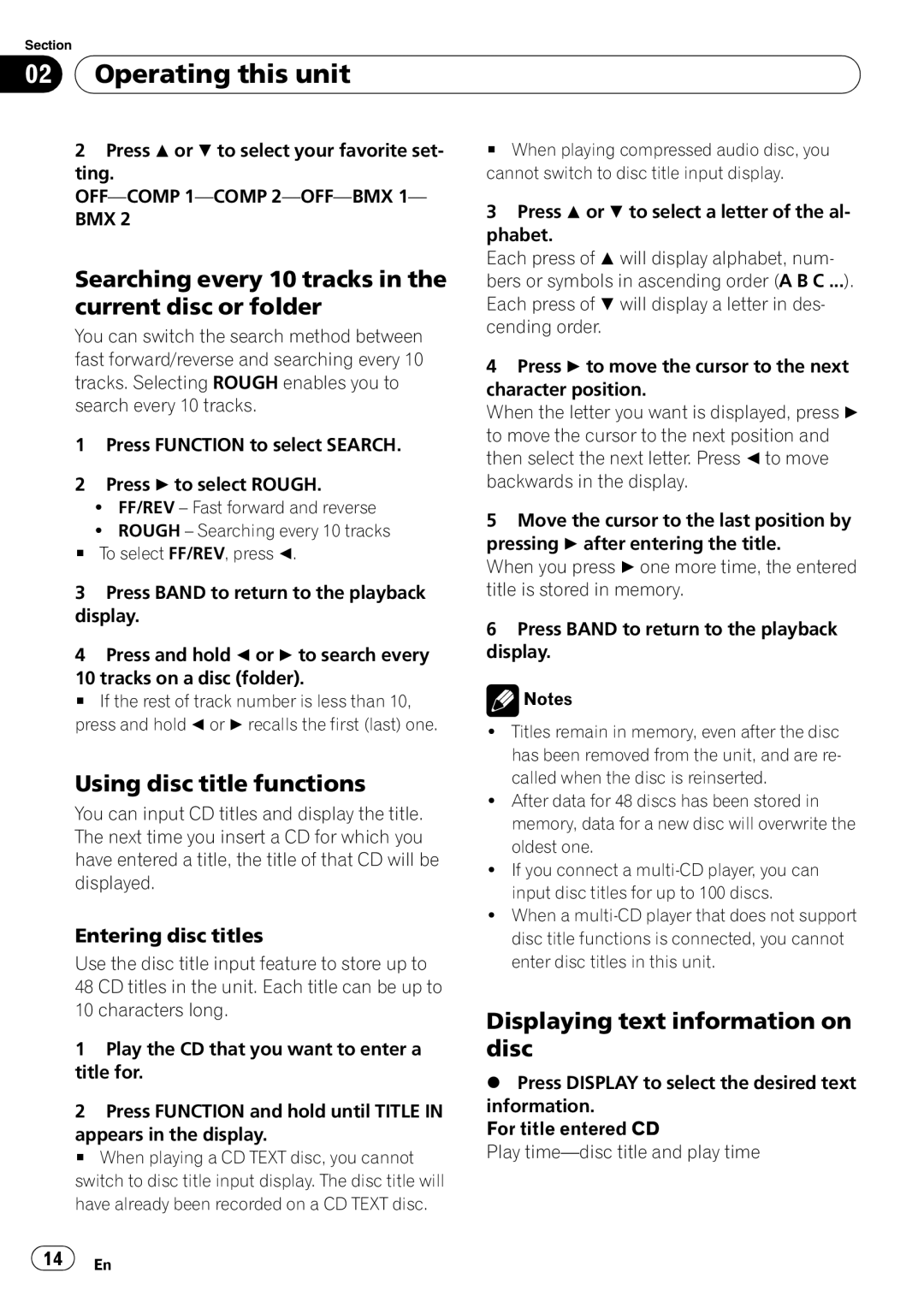 Pioneer DEH-P490IB operation manual Searching every 10 tracks in the current disc or folder, Using disc title functions 