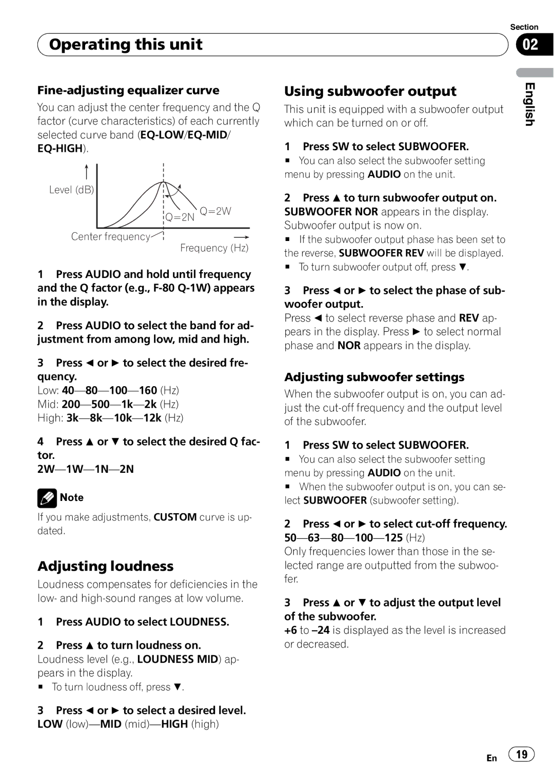 Pioneer DEH-P490IB operation manual Adjusting loudness, Using subwoofer output, Fine-adjusting equalizer curve 