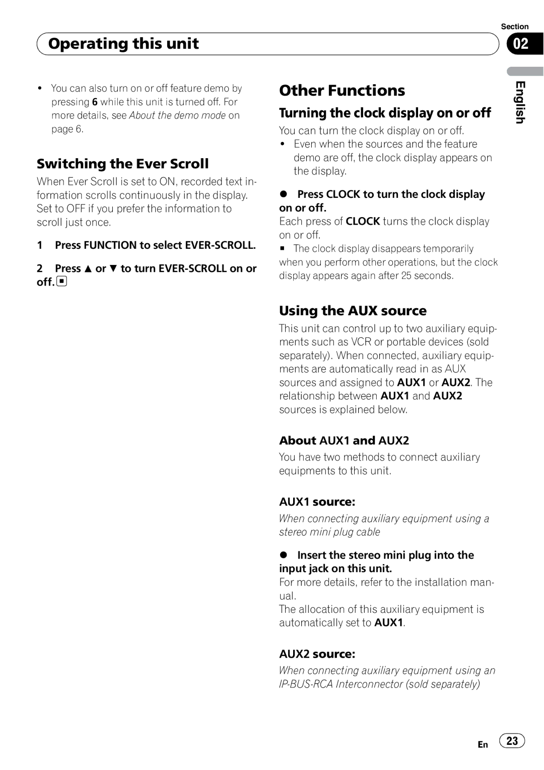 Pioneer DEH-P490IB Other Functions, Turning the clock display on or off, Switching the Ever Scroll, Using the AUX source 