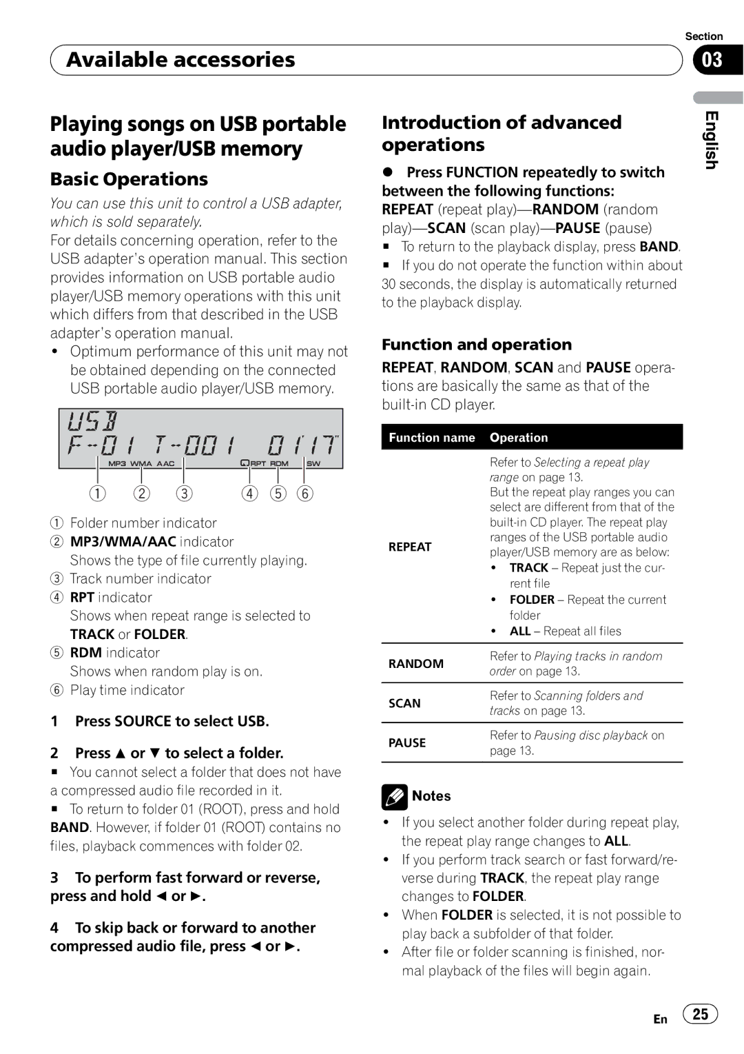 Pioneer DEH-P490IB Function and operation, Press Source to select USB Press a or b to select a folder, Function name 