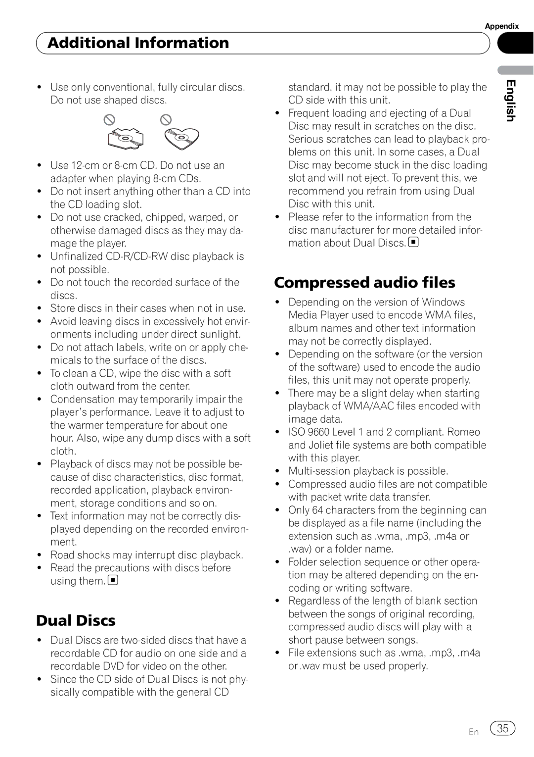 Pioneer DEH-P490IB operation manual Additional Information, Dual Discs, Compressed audio files 