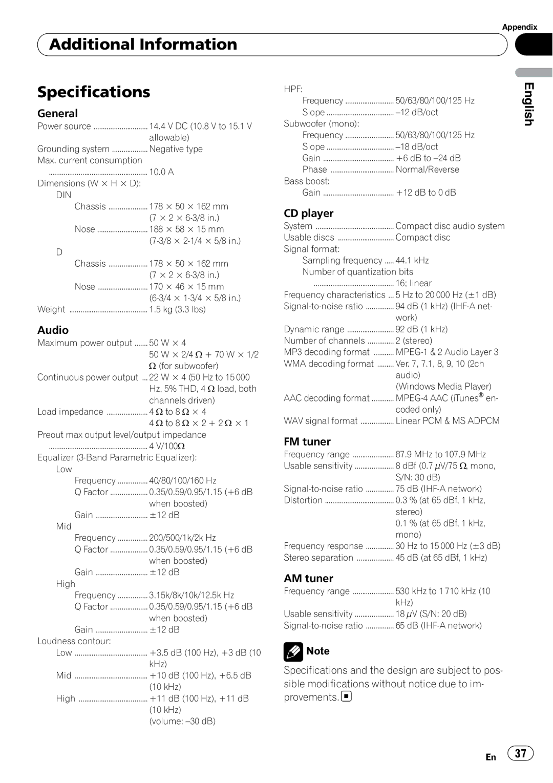 Pioneer DEH-P490IB operation manual Additional Information Specifications, General, Audio, FM tuner, AM tuner 