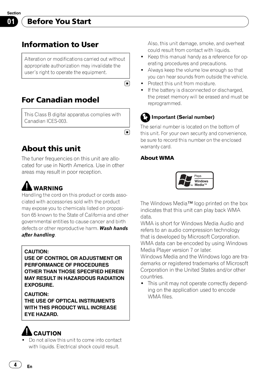 Pioneer DEH-P490IB operation manual Before You Start Information to User, For Canadian model, About this unit 