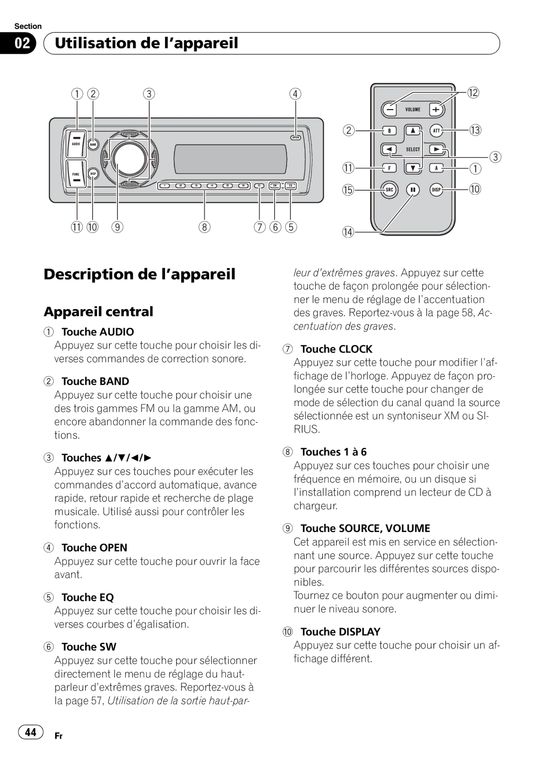 Pioneer DEH-P490IB operation manual Utilisation de l’appareil, Description de l’appareil, Appareil central 