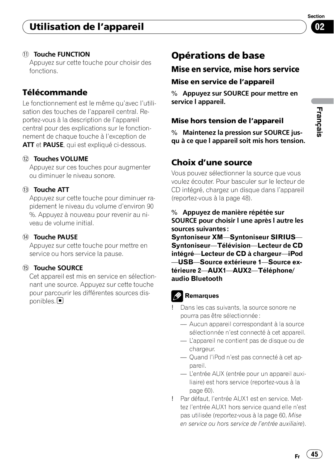 Pioneer DEH-P490IB Opérations de base, Télécommande, Mise en service, mise hors service, Choix d’une source 