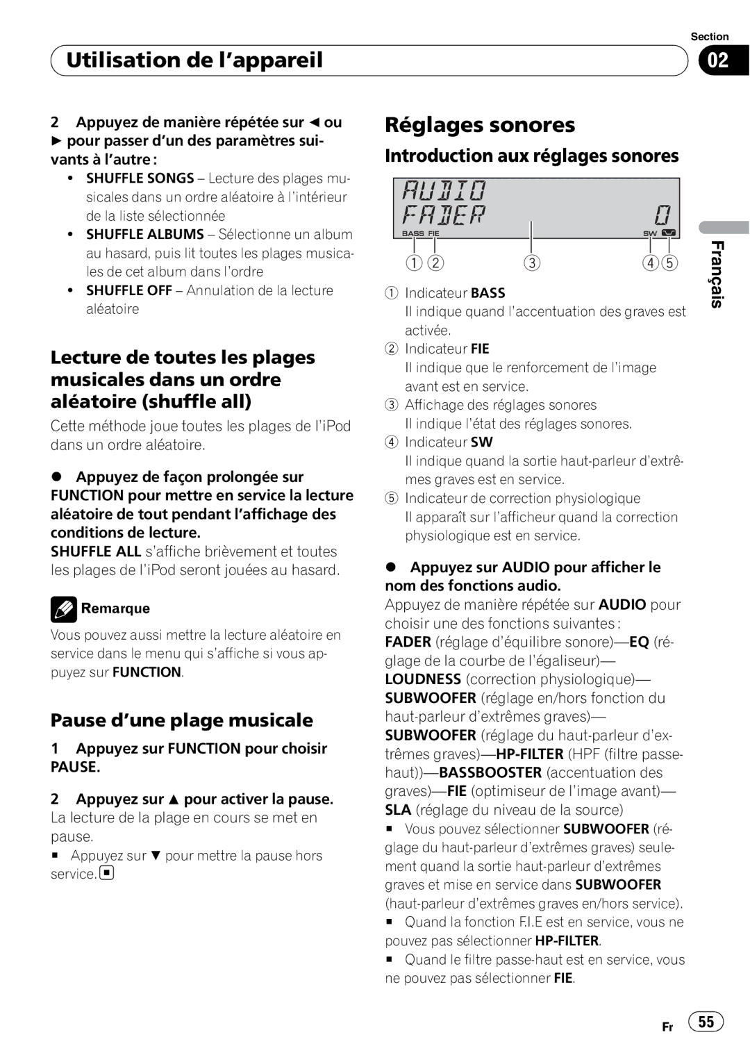 Pioneer DEH-P490IB operation manual Réglages sonores, Pause d’une plage musicale, Introduction aux réglages sonores 