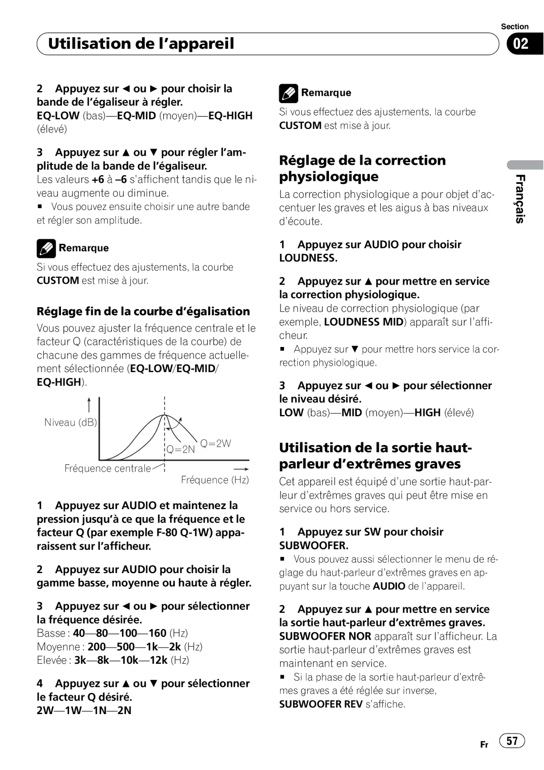 Pioneer DEH-P490IB Réglage de la correction physiologique, Utilisation de la sortie haut- parleur d’extrêmes graves 