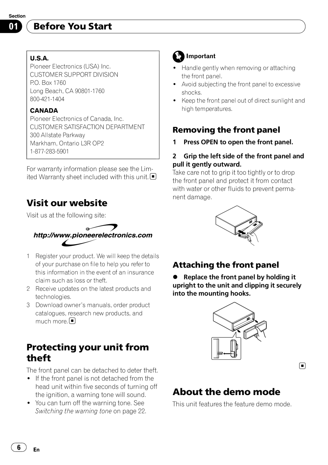 Pioneer DEH-P490IB Visit our website, Protecting your unit from theft, About the demo mode, Removing the front panel 