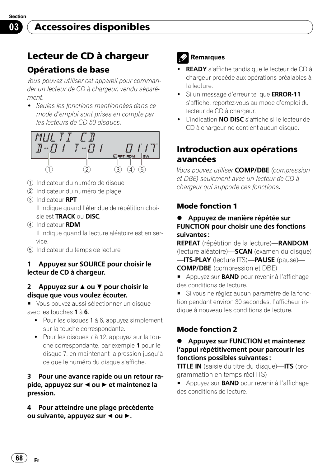 Pioneer DEH-P490IB operation manual Accessoires disponibles Lecteur de CD à chargeur, Mode fonction 