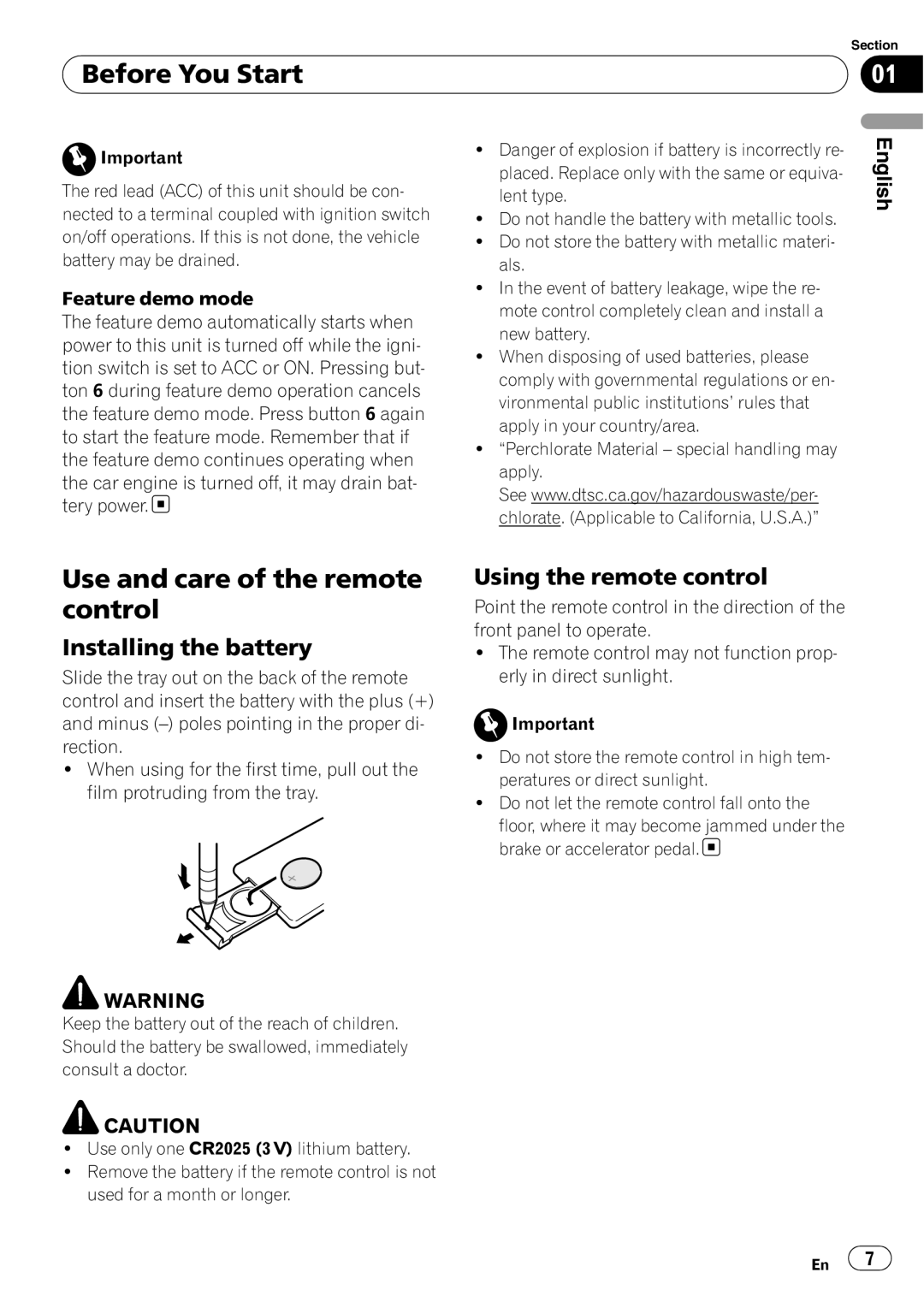 Pioneer DEH-P490IB operation manual Use and care of the remote control, Installing the battery, Using the remote control 