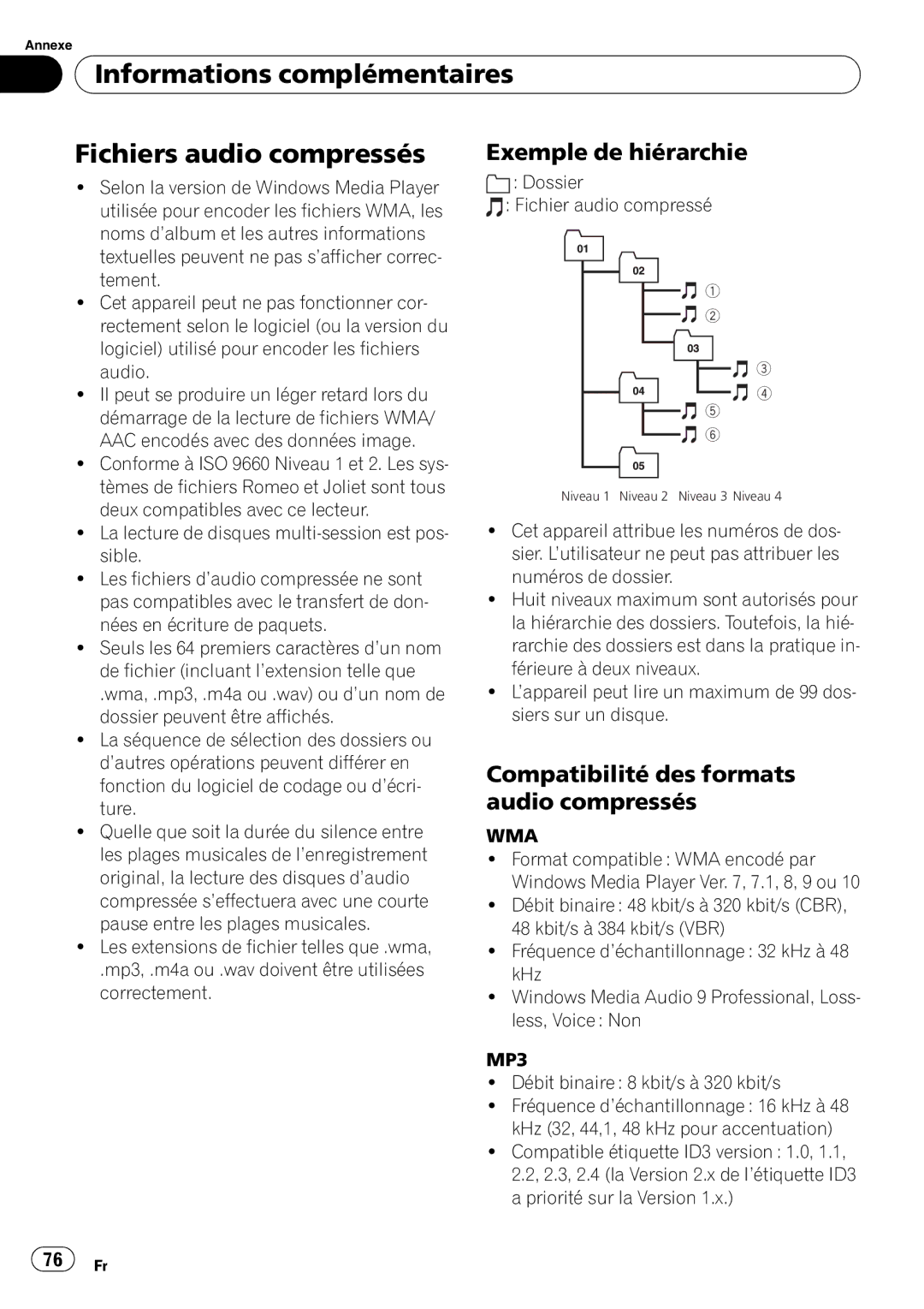 Pioneer DEH-P490IB operation manual Informations complémentaires Fichiers audio compressés, Exemple de hiérarchie 