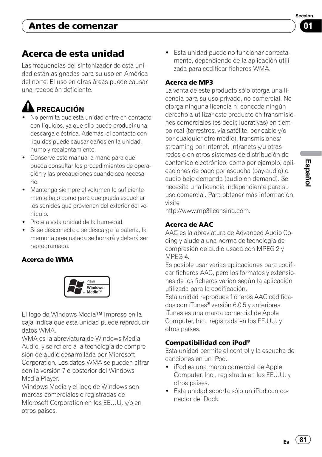 Pioneer DEH-P490IB operation manual Antes de comenzar Acerca de esta unidad, Precaución 