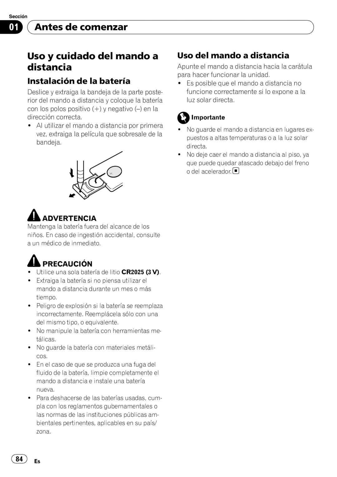 Pioneer DEH-P490IB operation manual Antes de comenzar Uso y cuidado del mando a, Distancia, Uso del mando a distancia 