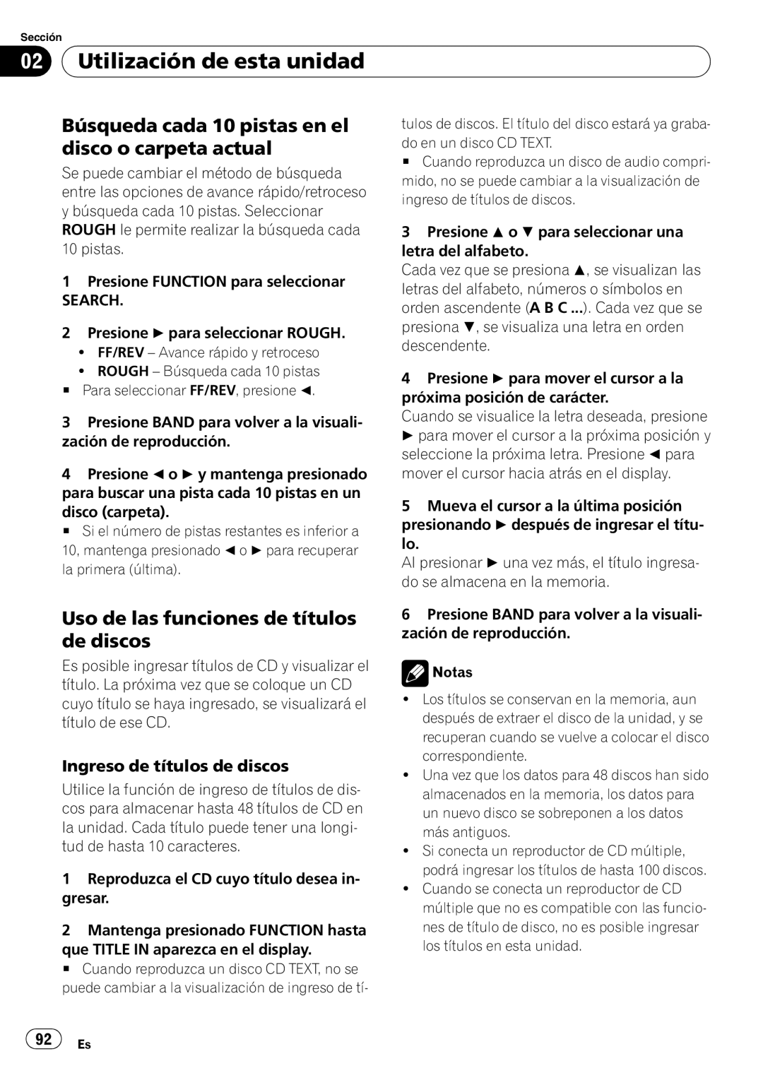 Pioneer DEH-P490IB Búsqueda cada 10 pistas en el disco o carpeta actual, Uso de las funciones de títulos de discos 