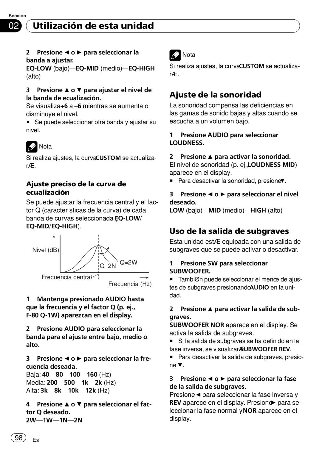 Pioneer DEH-P490IB Ajuste de la sonoridad, Uso de la salida de subgraves, Ajuste preciso de la curva de ecualización 